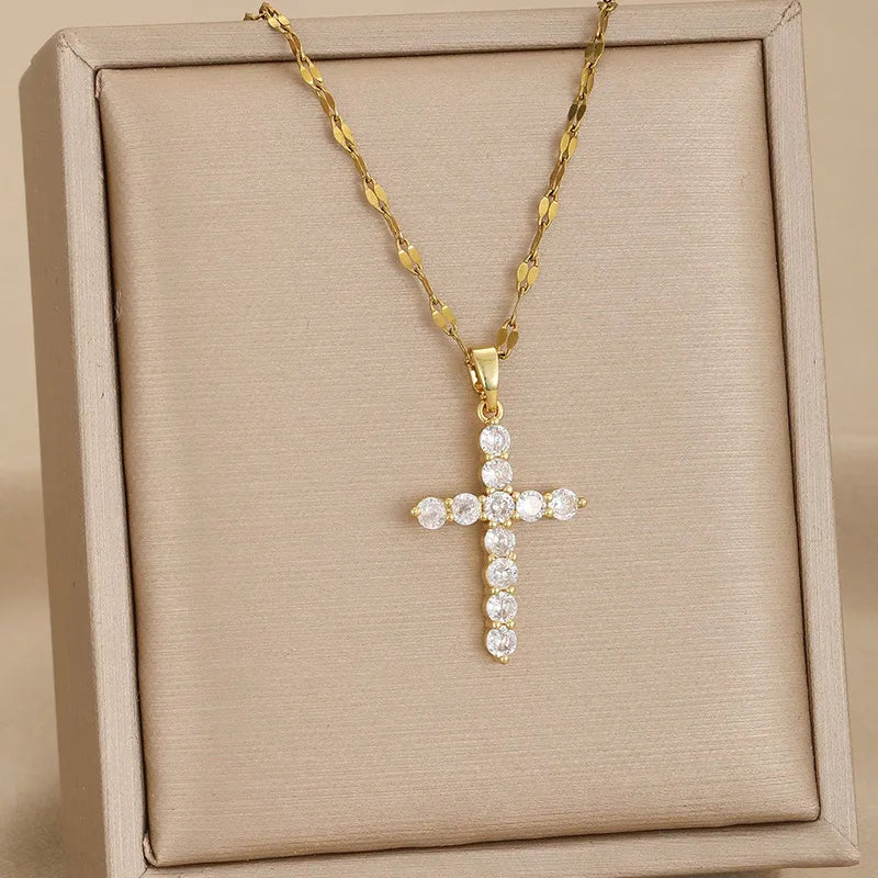 Gold Rhinestone Cross Necklaces