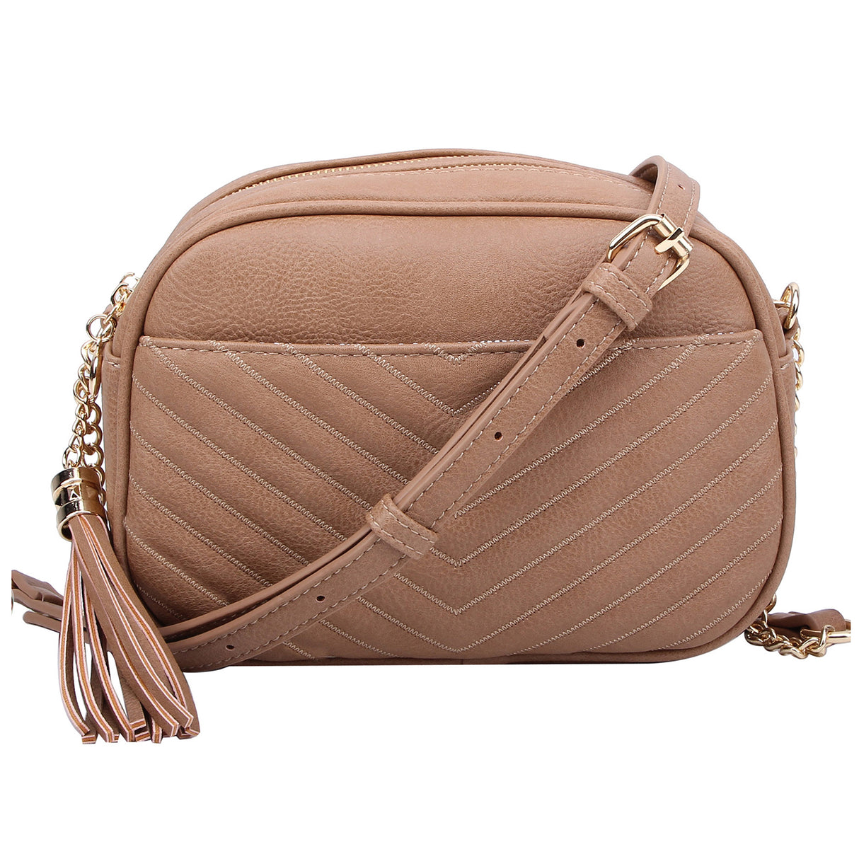Chevron Quilted Tassel Zip Crossbody Bag