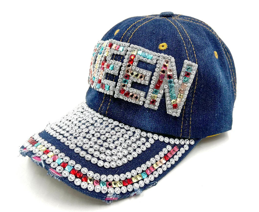 Fashion Denim Queen Hat With Assorted Rhinestones