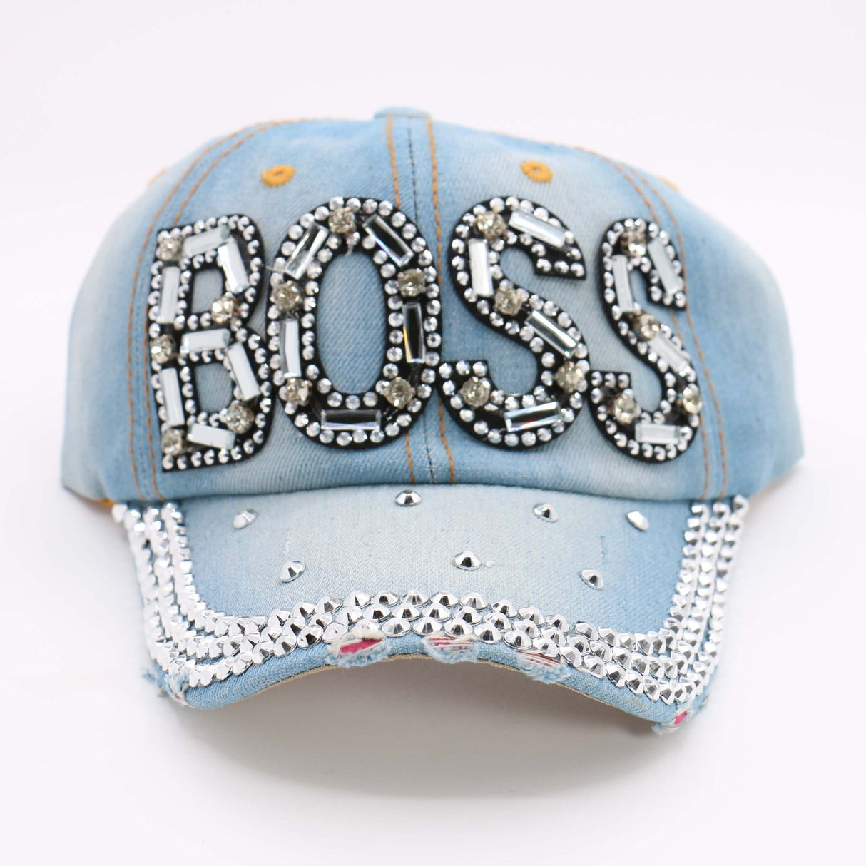 Fashion Light Blue Denim Boss Hat With Rhinestones