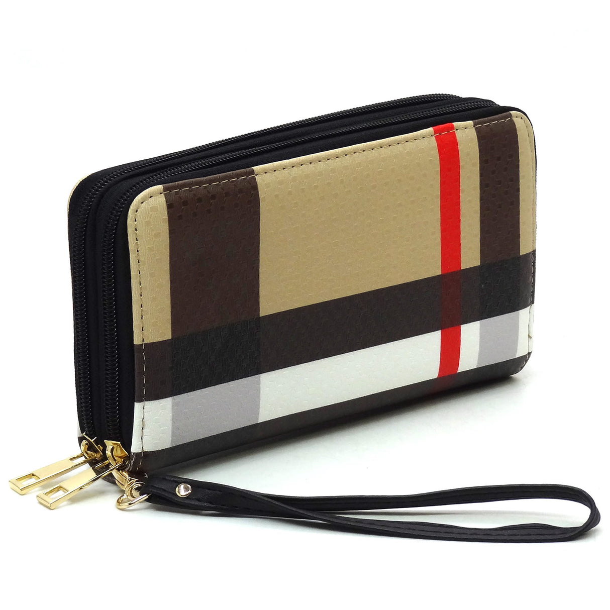 Plaid Check Double Zip Around Wallet Wristlet