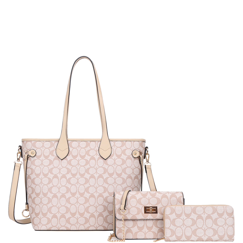 Oval Print Tote Bag W Crossbody & Wallet Set