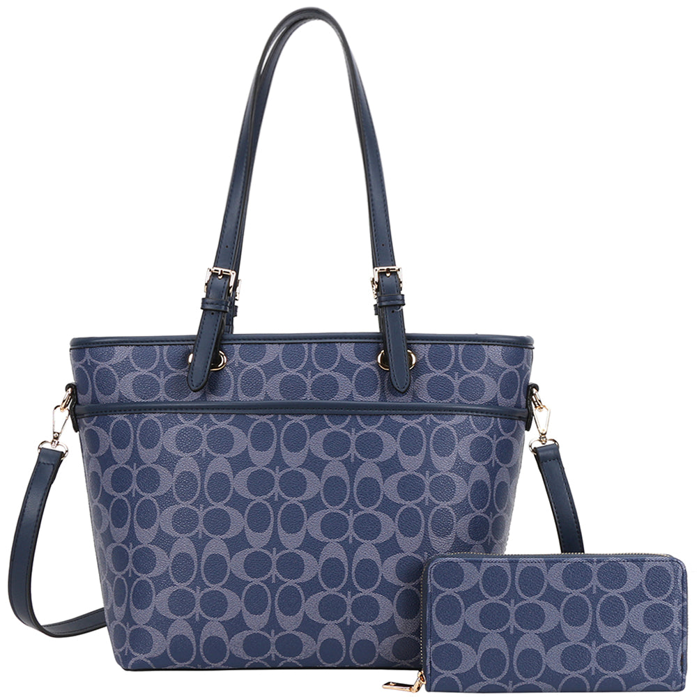Oval Print Shoulder Tote Bag W Wallet Set