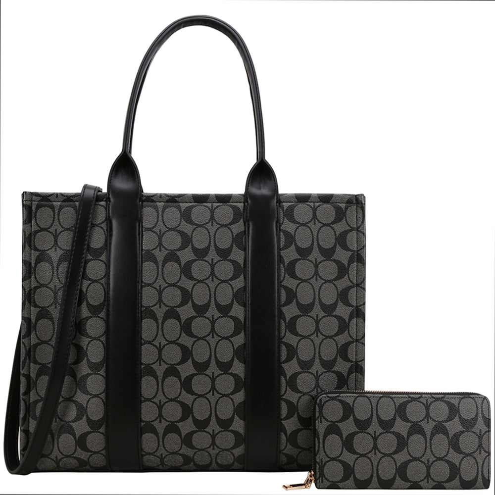 Oval Print Handle Tote W Wallet Set