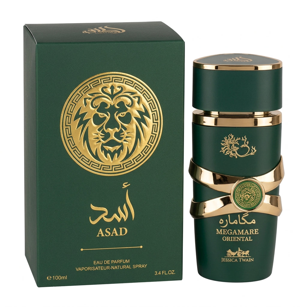 Green perfume box and matching cylindrical bottle with gold detailing, labeled ASAD and MEGAMARE OROENTAL, on a light gray background.