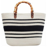 Bamboo Round Handle Straw Bucket Tote Bag