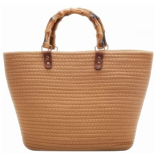 Bamboo Round Handle Straw Bucket Tote Bag