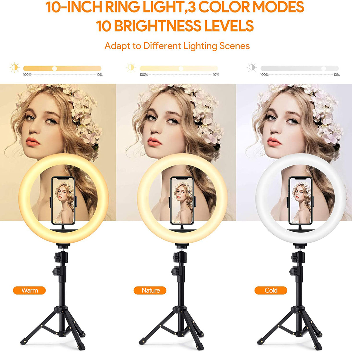 10" Ring Light with Tripod Stand and Phone Holder