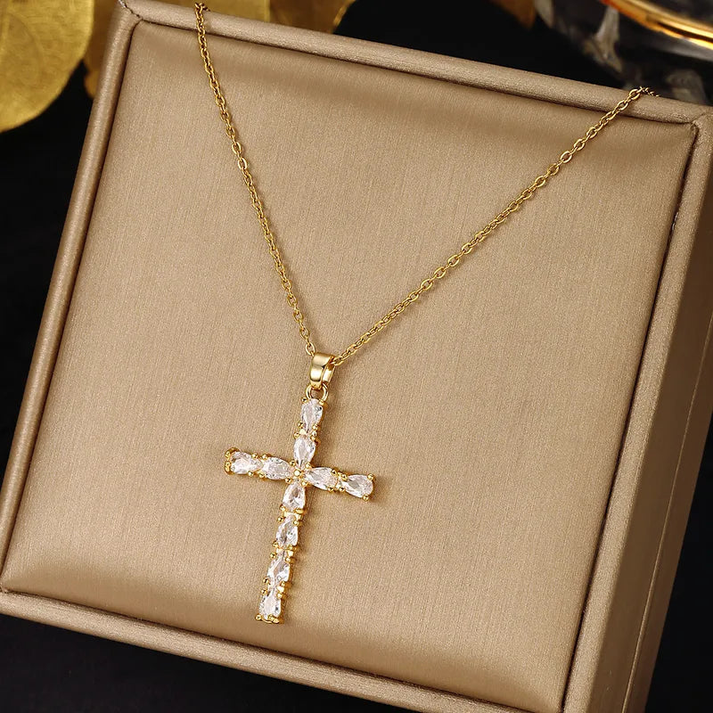 Gold Rhinestone Cross Necklaces