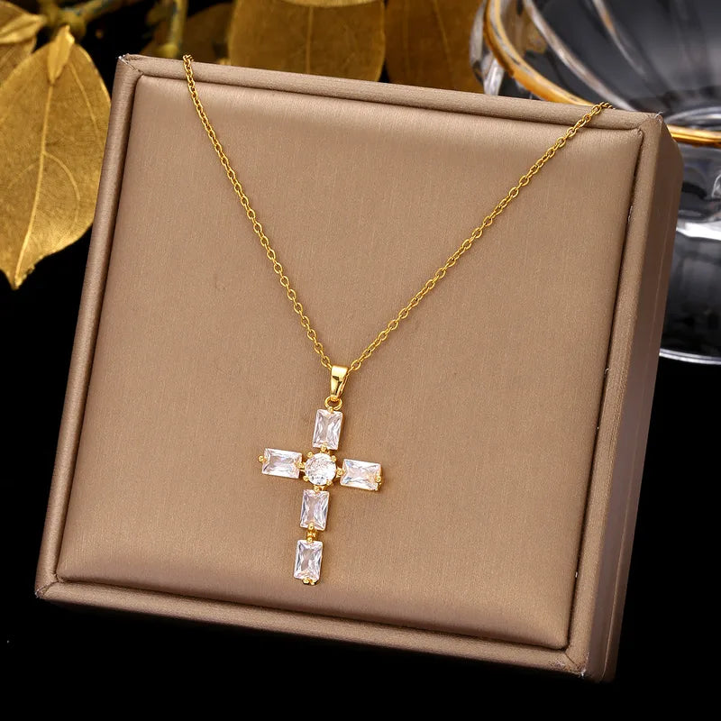 Gold Rhinestone Cross Necklaces
