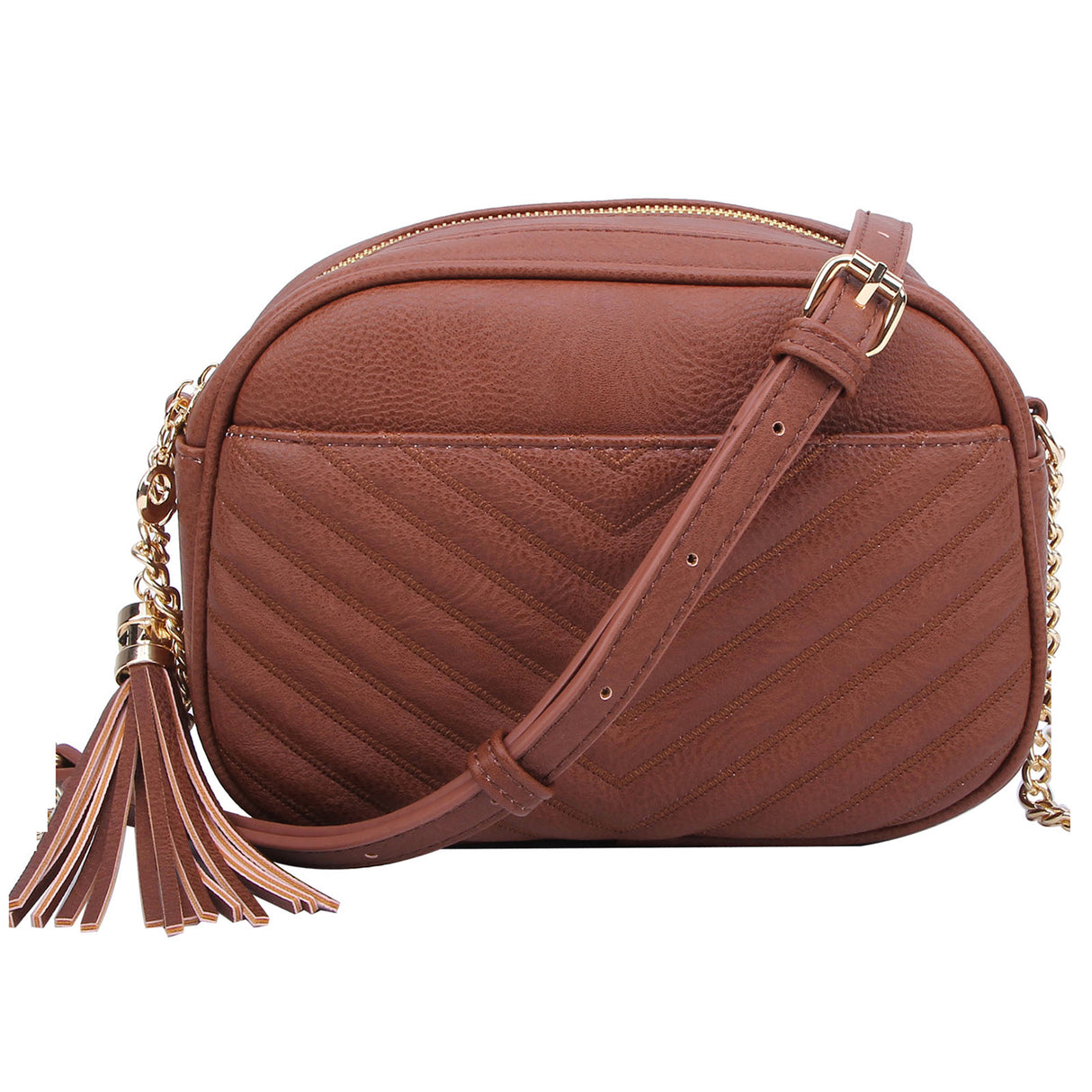 Chevron Quilted Tassel Zip Crossbody Bag