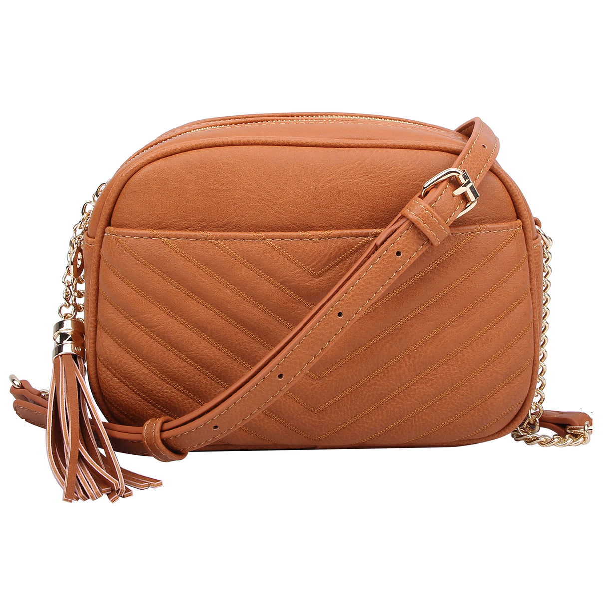Chevron Quilted Tassel Zip Crossbody Bag