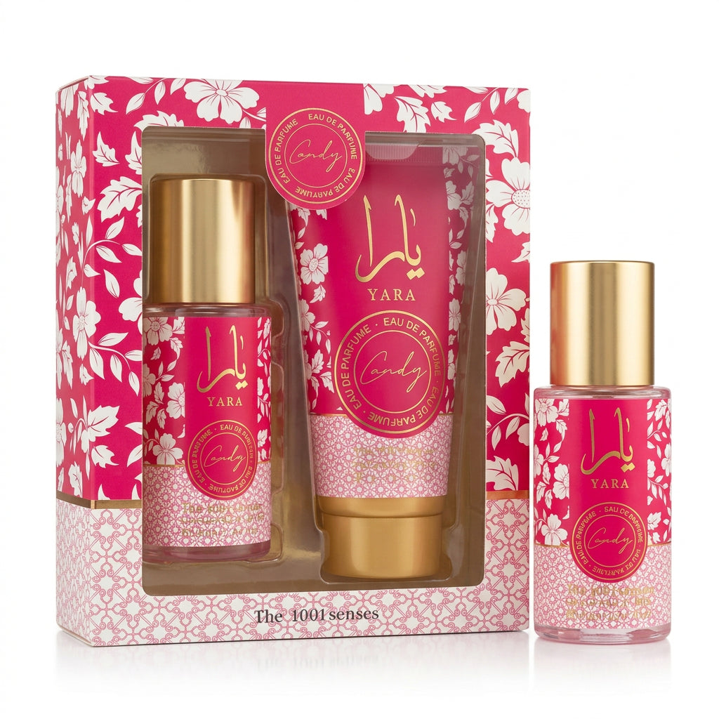 Yara perfume set with floral packaging on a white background