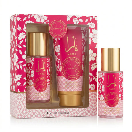 Yara perfume set with floral packaging on a white background