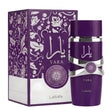 Lattaafa Yara perfume bottle and matching outer box, both in rich purple with white floral patterns and silver accents, on a plain white background.