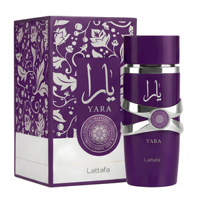 Lattaafa Yara perfume bottle and matching outer box, both in rich purple with white floral patterns and silver accents, on a plain white background.