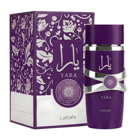 Lattaafa Yara perfume bottle and matching outer box, both in rich purple with white floral patterns and silver accents, on a plain white background.