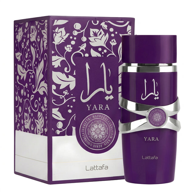 Lattaafa Yara perfume bottle and matching outer box, both in rich purple with white floral patterns and silver accents, on a plain white background.