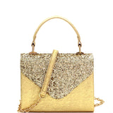 Mixed-Material Glittery Metallic Small Top-Handle Box Flap Satchel