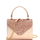 Mixed-Material Glittery Metallic Small Top-Handle Box Flap Satchel