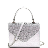 Mixed-Material Glittery Metallic Small Top-Handle Box Flap Satchel