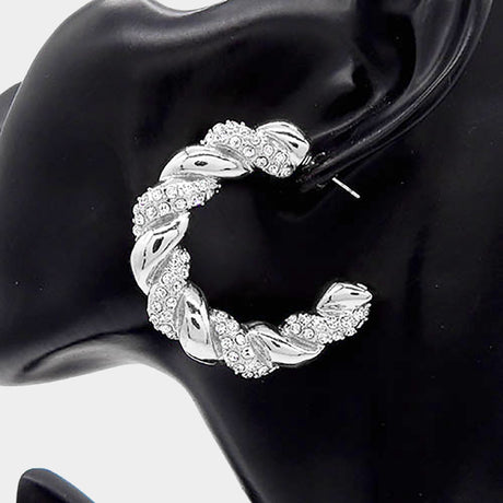 RHINESTONE EMBELLISHED BRAIDED METAL HALF HOOP EARRINGS