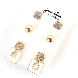 Metal Stones Square 3 Pairs Earring